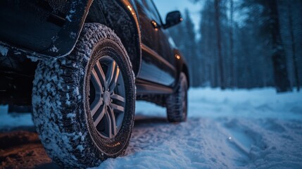 Fototapeta premium Close-Up of Black SUV Tires Parked on Snow in the Woods