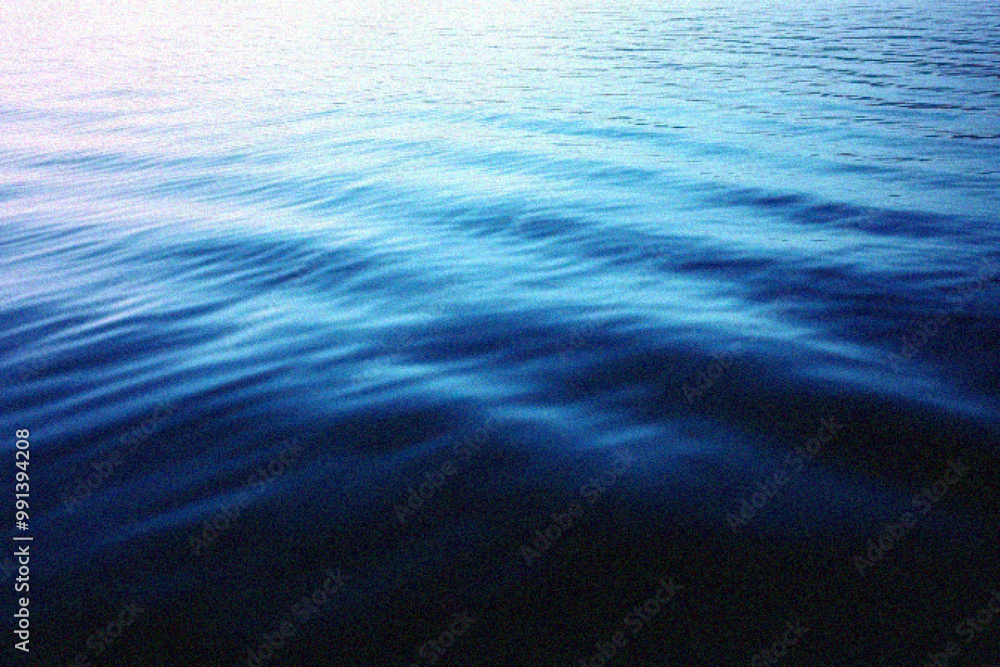 Poster grainy gradient background, calm blue water reflecting soft light, creating serene patterns and ripp