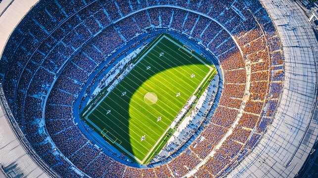 An abstract overhead view of a football stadium full of fans and players rendered with bold geometry and flat colors Large space for text in center Stock Photo with copy space