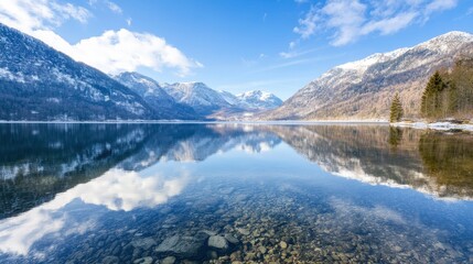 Fototapeta premium Crystal Clear Mountain Lake Reflecting Snowy Peaks