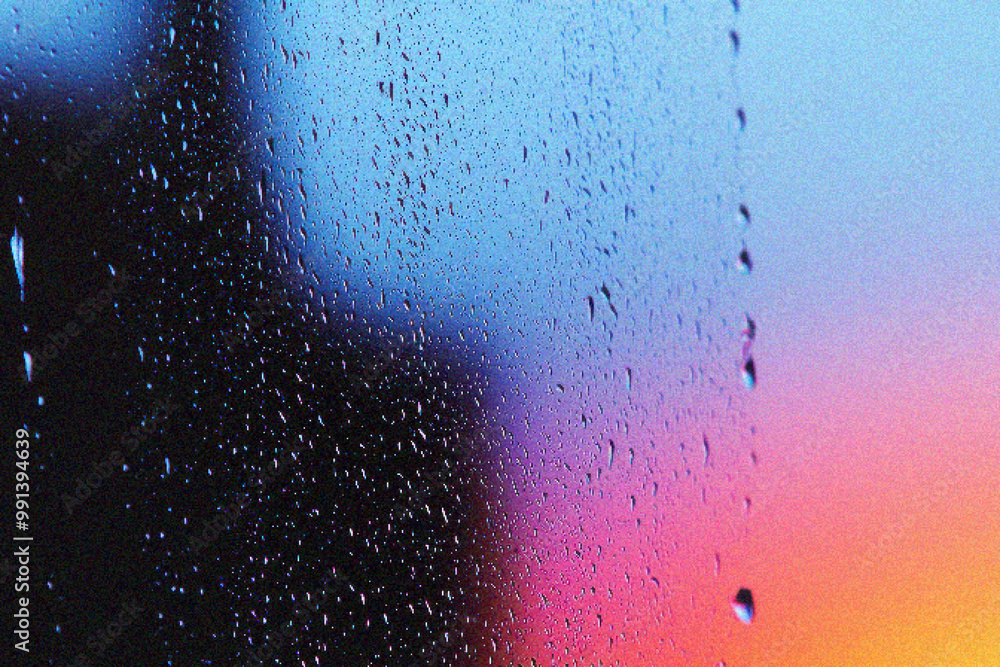 Poster grainy gradient background, close-up of raindrops on a window pane, creating a moody atmosphere with