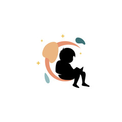 boho vector illustration of a silhouette of a little boy reading a book with a crescent moon background