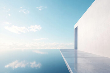 Obraz premium Abstract 3D rendering of minimalist style architectural space scene, mountain and lakeside building