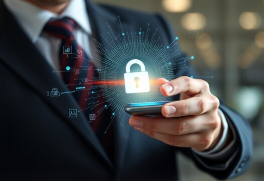 Businessman using smartphone with data erasure technology to sec