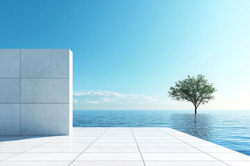 Abstract 3D rendering of minimalist style architectural space scene, mountain and lakeside building