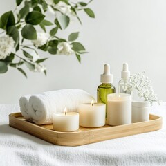 A tranquil spa treatment setup showcasing a bamboo tray with oils, candles, and a relaxing mask, set against a soft white background