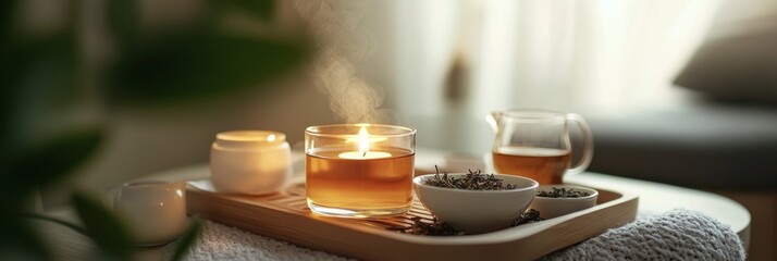 A tranquil setup with a flickering candle and a selection of herbal teas, embodying relaxation and wellness