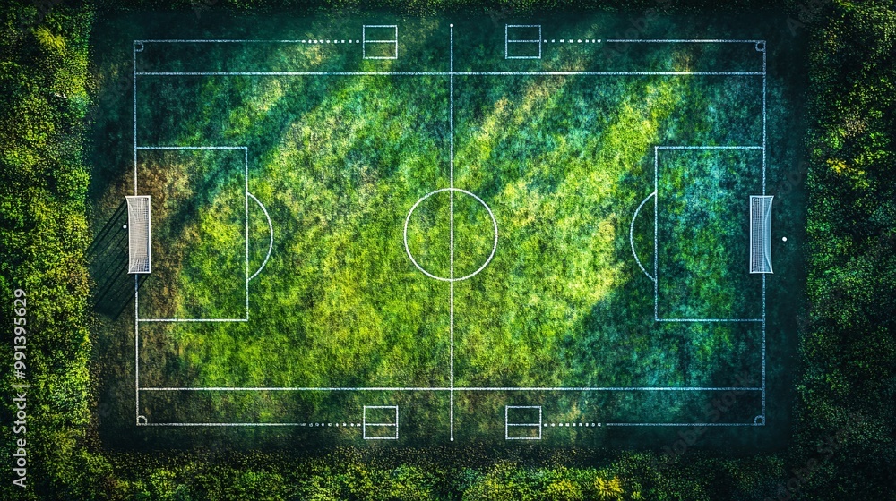 Poster a minimalist top-down view of a football field in the stadium drawn with clean lines and vibrant gre