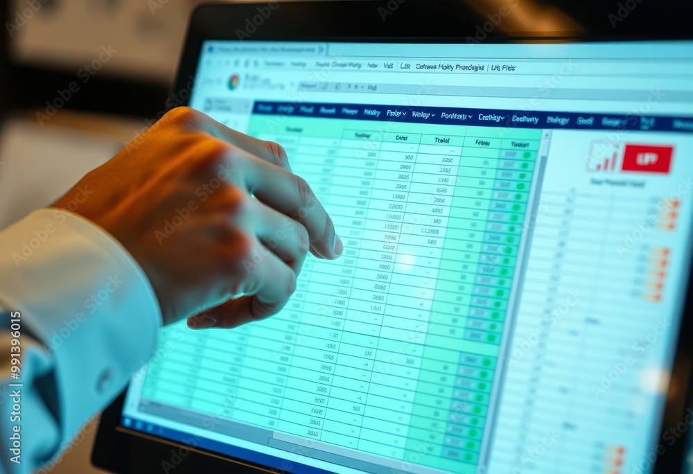 Poster close up of a person assembling a spreadsheet on a computer scre