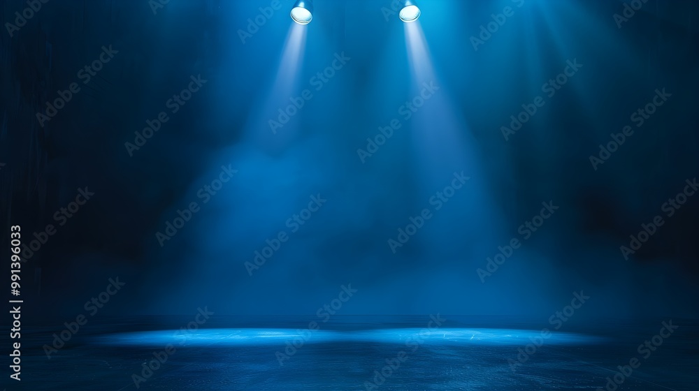 Poster blue spotlight with mist in an empty space