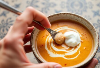 Close up of a person garnishing a bowl of soup with a dollop of