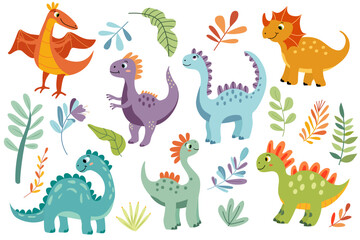 Set of vector illustration of a cute  little dinosaurs in a flat style. Friendly and playful design is ideal for children's books, t-shirt, nursery decor, greeting cards, party invitations © Anna Druzhkova