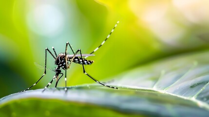 Close-up of mosquito resting on leaf in tropical forest, emphasizing its role in transmitting viruses, shallow depth of field.
