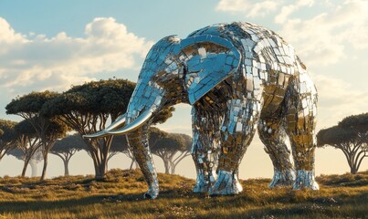 Fototapeta premium A mirrored elephant sculpture stands in a field.
