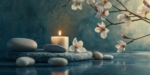 An inviting spa atmosphere with a serene color palette, featuring a single candle, fresh flowers, and smooth stones