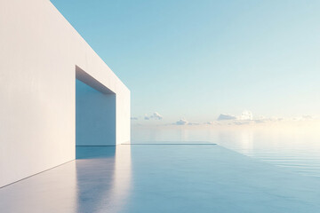 Obraz premium Abstract 3D rendering of minimalist style architectural space scene, mountain and lakeside building
