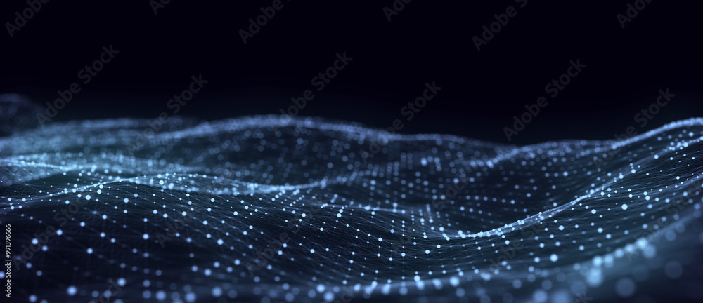 Poster dynamic blue wave of particles and lines. abstract futuristic background. big data visualization. 3d