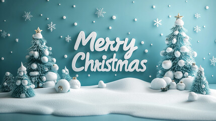 3d cartoon illustration of christmas background, pine tree silhouette in winter with snowflakes, and big "Merry Christmas" word with hand writing styly in empty space