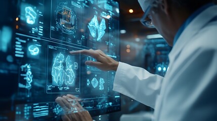Fototapeta premium A Doctor Interacting with a Digital Interface Displaying Medical Scans