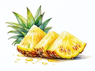 Freshly sliced yellow pineapples with tropical green leaves on a clean white background during a bright sunny day