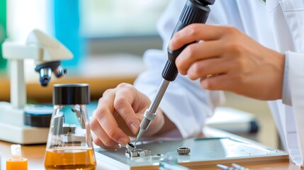 Skilled technician holding precision screwdriver, meticulously repairing small electronic device on clean workbench. Detailed repair process in focus.