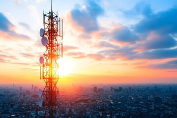 A tall telecommunication tower with sunset background