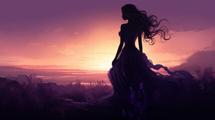 A serene female silhouette stands amidst a magical lavender garden, surrounded by purple hues, creating a dreamy, fantasy scene wallpaper