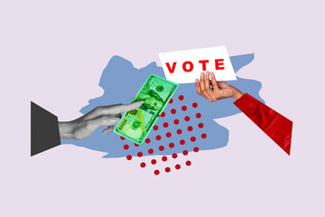 Photo collage hands body fragments sleeve hold banknote money cash hundred dollars bribe buy vote...