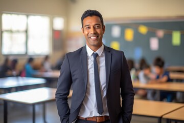 Fototapeta premium Portrait of a happy indian man in his 30s wearing a professional suit jacket in front of lively classroom background
