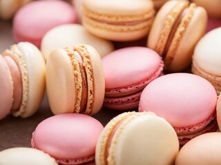 Obraz premium Colorful assortment of macarons displayed elegantly on a table, inviting indulgence in a delightful tasting experience