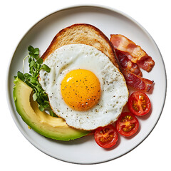 Delicious breakfast plate with fried egg, avocado, and bacon