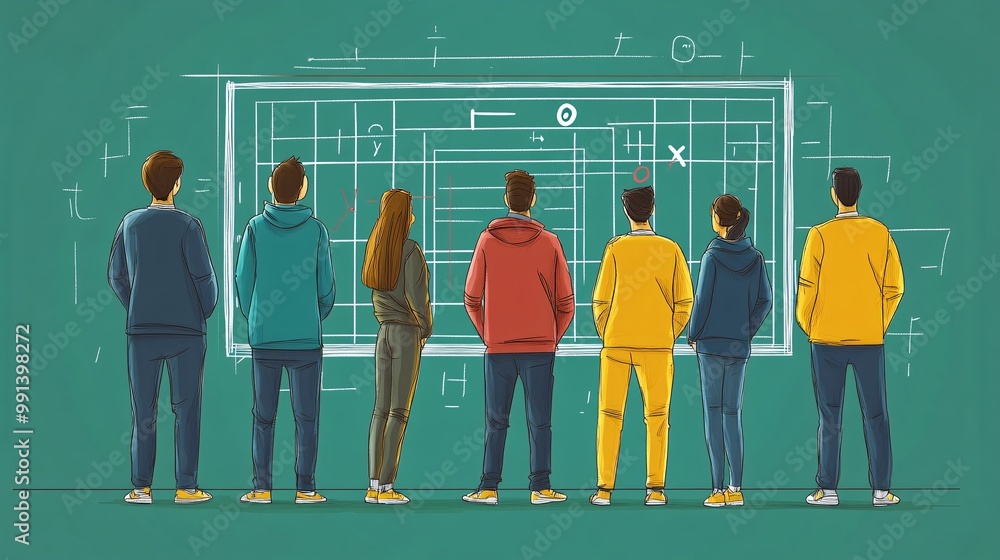 Poster A flat illustration of a game plan being drawn on a whiteboard with simplified X and O symbols representing the players Large space for text in center Stock Photo with copy space