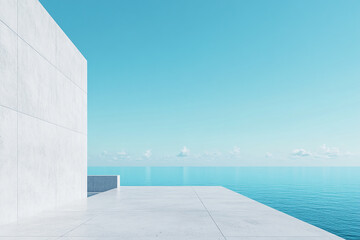 Abstract 3D rendering of minimalist style architectural space scene, mountain and lakeside building