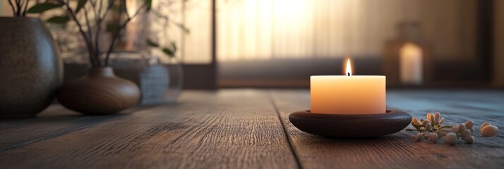 A minimalistic design featuring a single elegant candle with a soothing scent, placed on a wooden surface, surrounded by calming decor