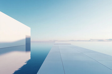 Obraz premium Abstract 3D rendering of minimalist style architectural space scene, mountain and lakeside building