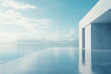 Abstract 3D rendering of minimalist style architectural space scene, mountain and lakeside building