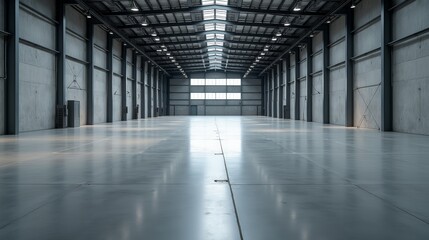 A spacious, empty warehouse with high ceilings, large windows, and smooth concrete floors, illuminated by natural light streaming through the windows.