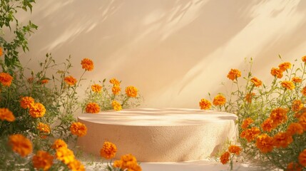 A round stone pedestal is beautifully surrounded by blooming orange marigold flowers. Sunlight filters through nearby foliage, creating a serene atmosphere in the garden.