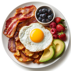 Delicious breakfast plate with eggs, bacon, and fresh fruits