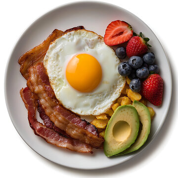 Delicious breakfast plate with eggs, bacon, and fresh fruit