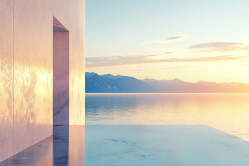 Fototapeta premium Abstract 3D rendering of minimalist style architectural space scene, mountain and lakeside building