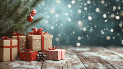 
A Christmas tree adorned with colorful gift boxes stands on a wooden table in a blurred living room interior, creating a festive atmosphere.