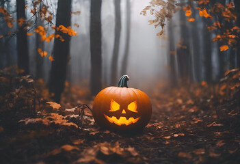 A glowing jack-o'-lantern sits amidst fallen leaves in a misty forest during Halloween night