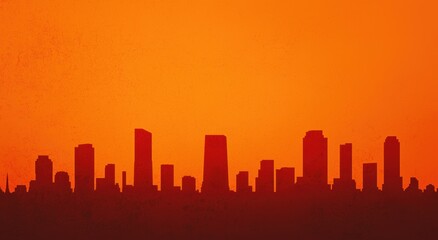 A striking silhouette of a city skyline against a vibrant orange sunset background, evoking a sense of tranquility and urban beauty.