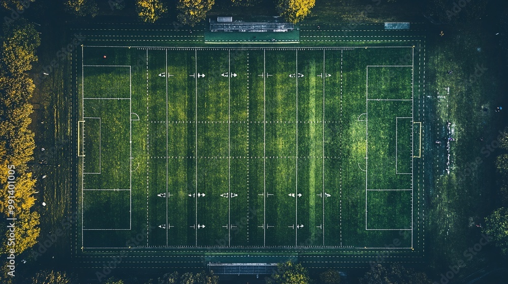 Poster A minimal flat lay of a football field viewed from above with game strategies drawn in simple arrows and shapes Large space for text in center Stock Photo with copy space