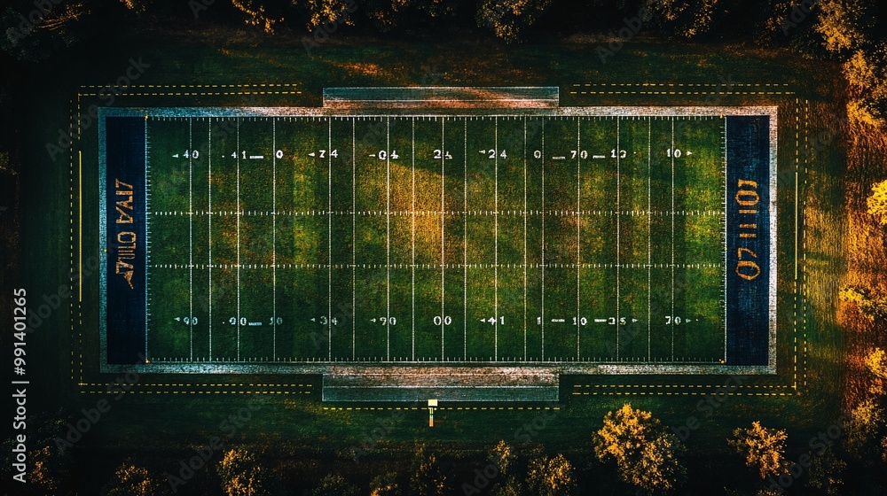 Poster A minimal flat lay of a football field viewed from above with game strategies drawn in simple arrows and shapes Large space for text in center Stock Photo with copy space