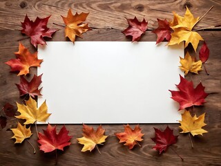 Obraz premium Colorful autumn leaves surrounding a blank space on a rustic wooden table during fall season capturing seasonal beauty