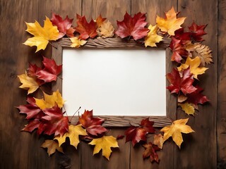 A rustic wooden frame adorned with colorful autumn leaves surrounds a blank space perfect for creative displays