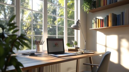 Fototapeta premium A bright home office with a large window letting in natural light onto a desk with a laptop