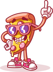 Pizza points finger up. Logo comic style with contour. Decoration for greeting cards, posters, patches, prints for clothes, emblems. Modern flat style thin line vector illustration